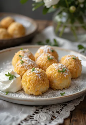 Bolas de requesón suaves con nata dulce y espolvoreadas con pan rallado tostado.