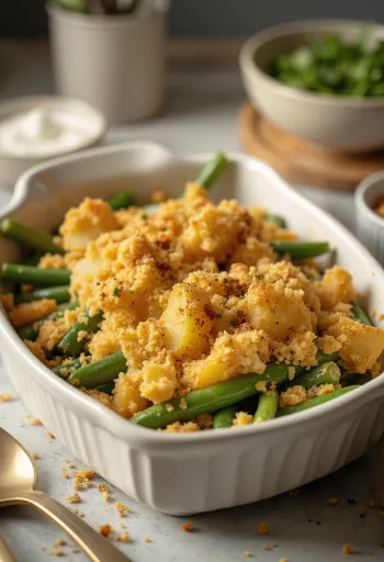 Judías verdes gratinadas con patatas veganas servidas