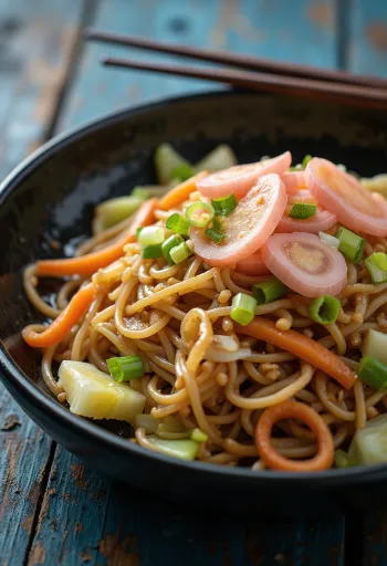 Yakisoba con verduras, fideos salteados servidos con verduras coloridas