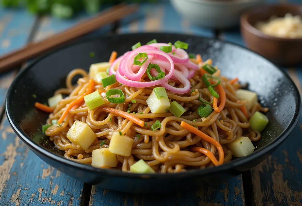 Yakisoba con verduras, fideos salteados servidos con verduras coloridas