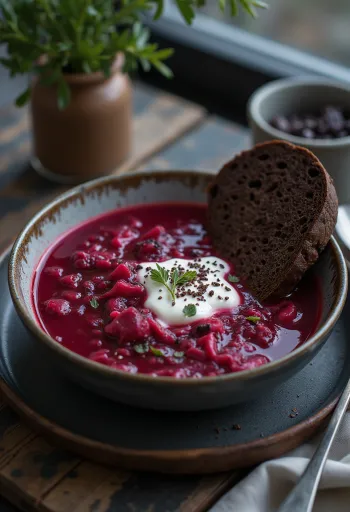 Sopa borsch tradicional con remolacha, zanahoria y servida con nata agria.
