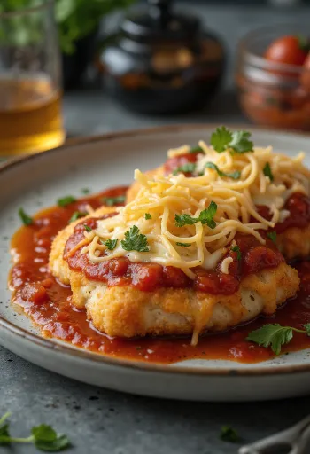Chicken parmigiana servido con pasta y albahaca