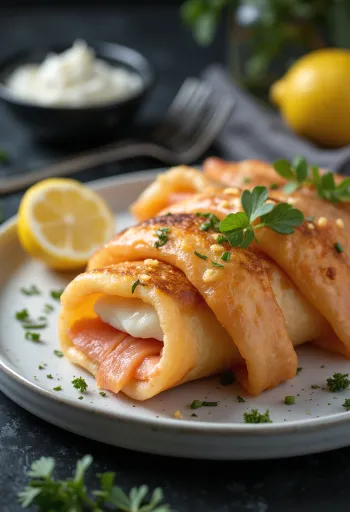 Crepes de salmón ahumado y queso crema en plato