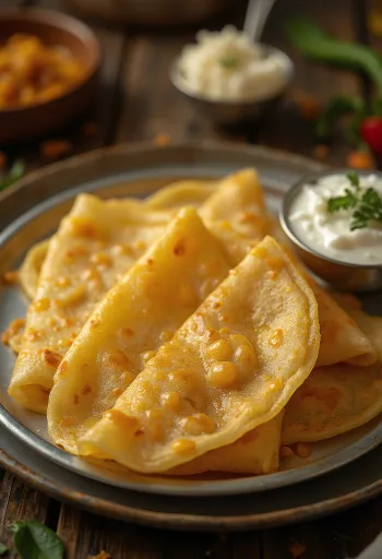 Dosa de Ghee recién hecha, crujiente, servida con relleno especiado