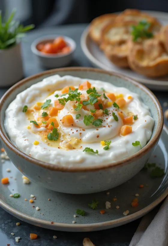 Salsa de yogur con eneldo y pepino servida