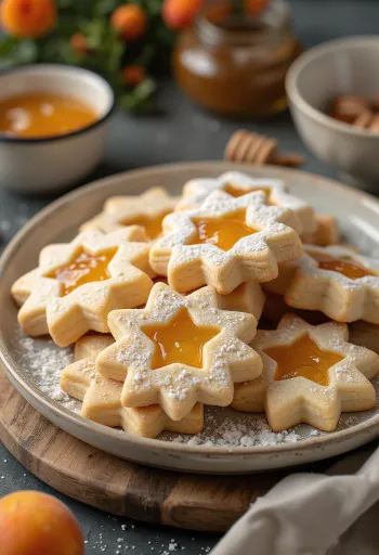 Linzer de miel con azúcar glas, rellenas de mermelada