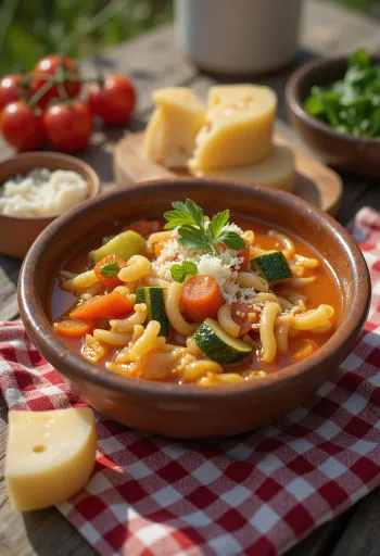 Minestrone clásico servido con coloridas verduras y pasta