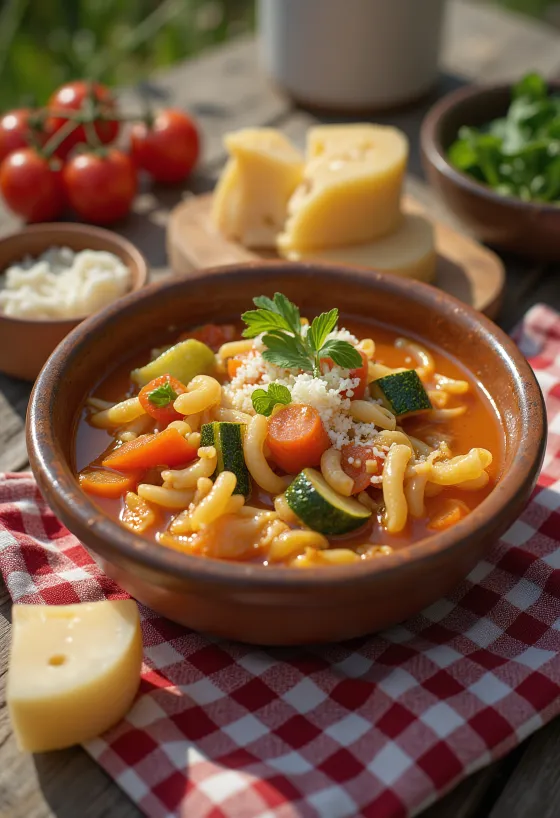 Minestrone clásico servido con coloridas verduras y pasta