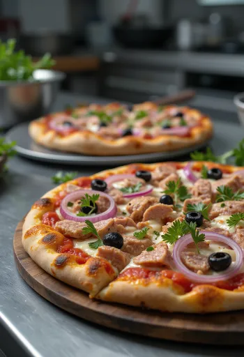 Pizza de atún y cebolla con mozzarella y parmesano