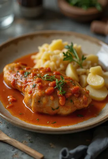 Pörkölt de muslo de ganso servido