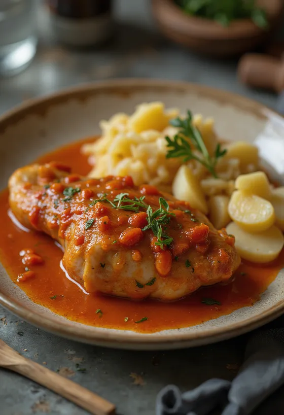 Pörkölt de muslo de ganso servido