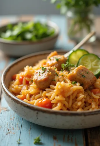 Arroz con cerdo jugoso y verduras preparado ricamente.