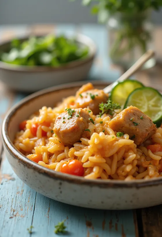 Arroz con cerdo jugoso y verduras preparado ricamente.