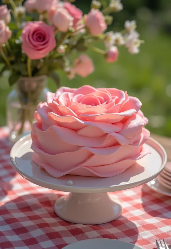 Tarta con forma de rosa decorada con fondant rosa y verde