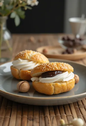 Semla con crema de avellanas, servido con relleno espumoso y espolvoreado con azúcar glas