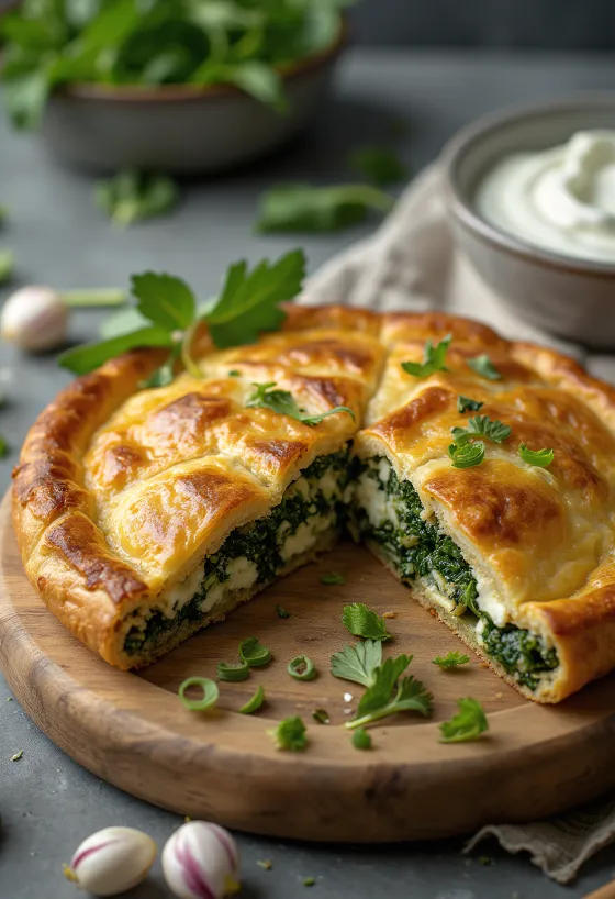 Spanakopita con hierbas frescas, corte transversal mostrando el relleno verde