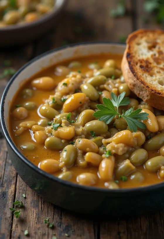 Estofado de judías verdes en salsa espesa de nata, espolvoreado con eneldo fresco