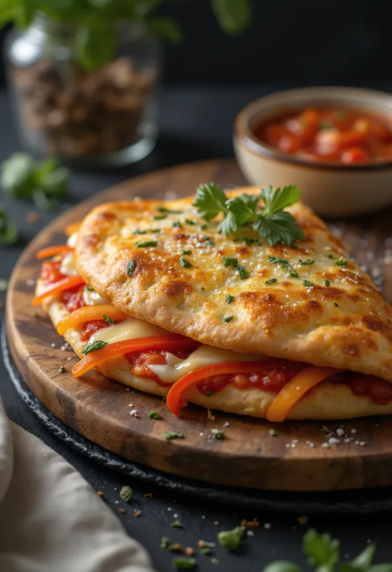 Calzone de pimientos, dorado y relleno de pimientos y queso