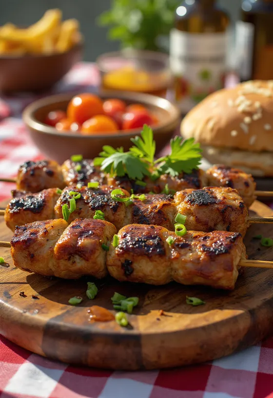 Kebabs de carne de camello servidos con ensalada fresca y pan de pita.