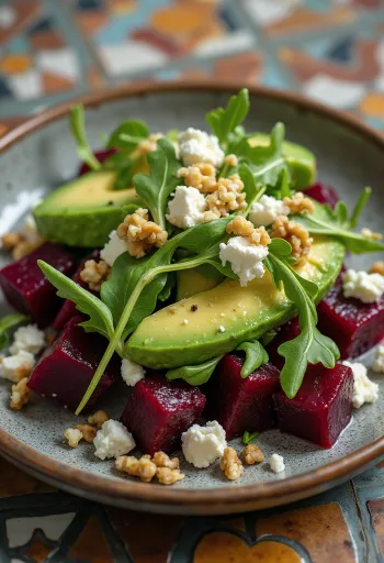 Ensalada fresca de remolacha y aguacate con rúcula