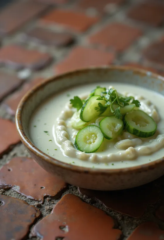 Salsa de pepino y eneldo servida