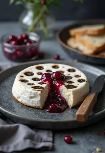 Leipäjuusto, queso finlandés horneado dorado en forma redonda, sobre plato de madera