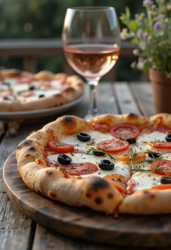 Pizza Provençale con tomate, aceitunas negras y hierbas provenzales