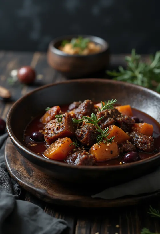 Pörkölt de corzo, plato de caza húngaro decorado con perejil