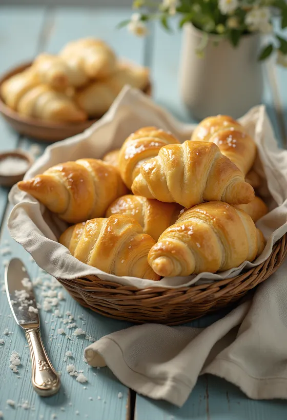 Croissants salados caseros recién horneados, dorados en una cesta, espolvoreados con sal marina.