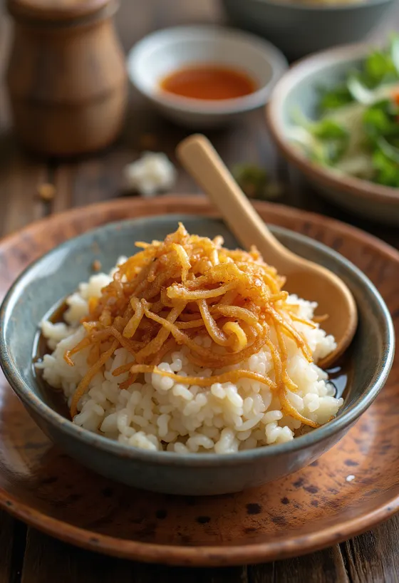 Arroz glutinoso al vapor cubierto de chalota frita crujiente