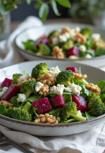 Ensalada de remolacha y brócoli con aliño de nueces
