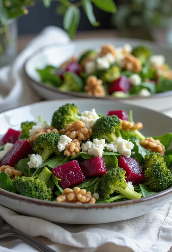 Ensalada de remolacha y brócoli con aliño de nueces