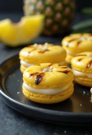Macarons de piña asada y choco blanco emplatados