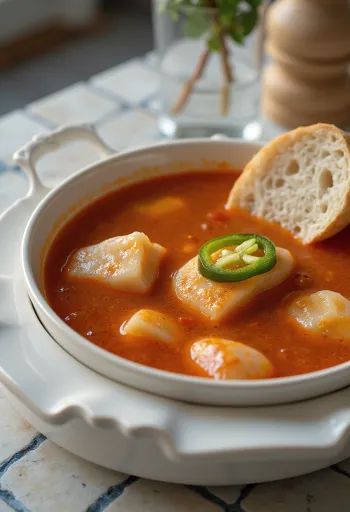 Sopa de pescado Halászlé con carpa fresca, caldo rojo de pimentón y guindilla.