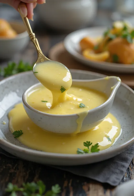 Salsa de mantequilla al limón y eneldo servida