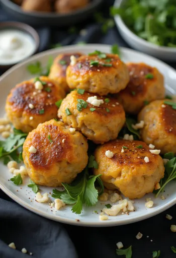 Kofta de pollo especiado recién servido, dorado y bonito