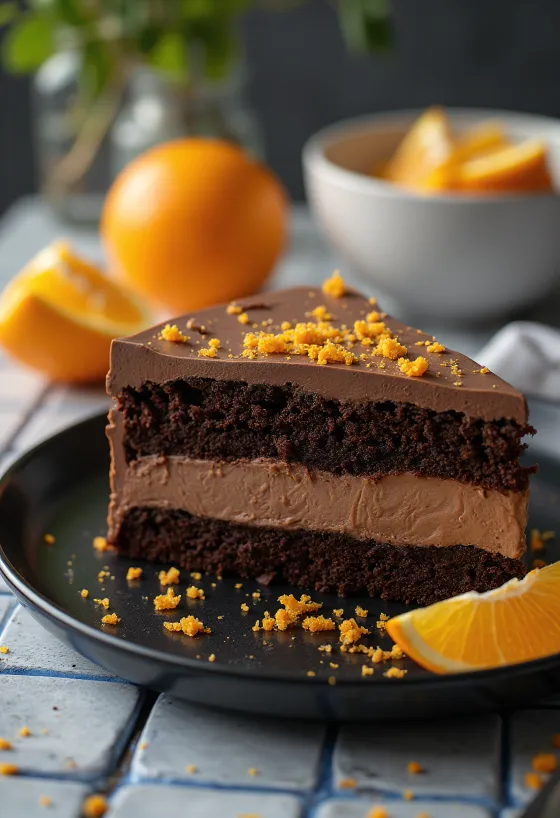 Tarta mousse de chocolate y naranja con crema rica y rodajas de naranja