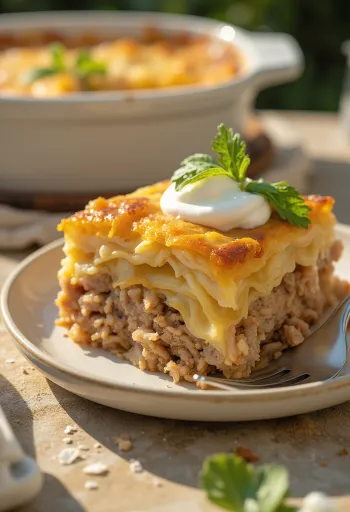 Tradicional pastel de chucrut, en capas con carne picada y arroz, servido con nata.