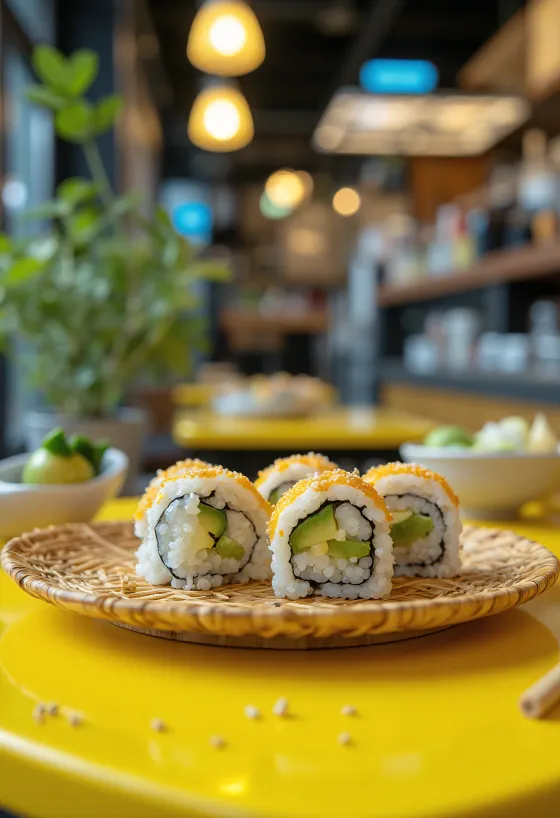 Sushi vegano con alga nori, aguacate y decorado con sésamo