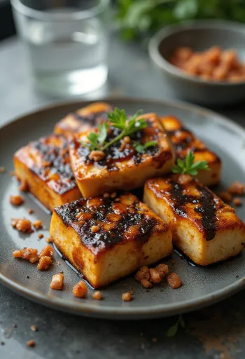 Tofu a la parrilla con marcas de grill y salsa