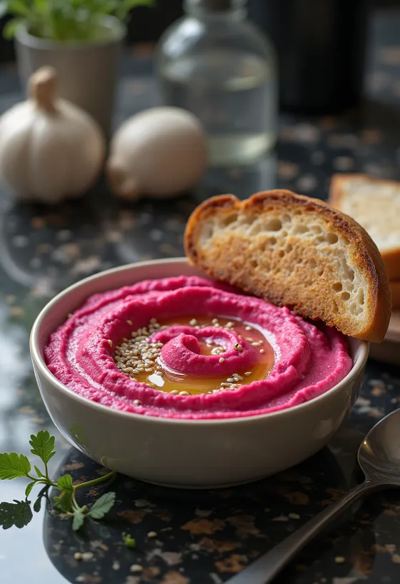 Hummus de remolacha servido con tostadas