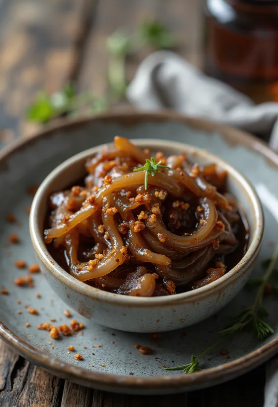 Salsa de cebolla caramelizada con chili en un cuenco, decorada con chili fresco.