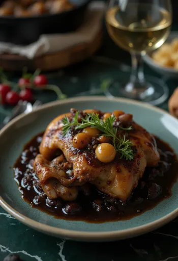 Coq au Vin servido con perejil fresco y pan