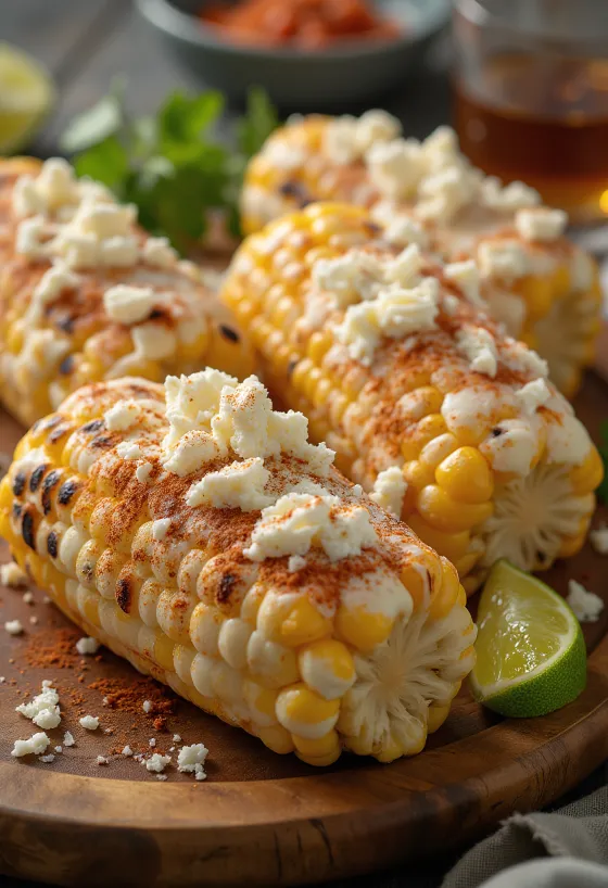 Elotes mexicanos con salsa de crema, servidos recién hechos con queso y chile