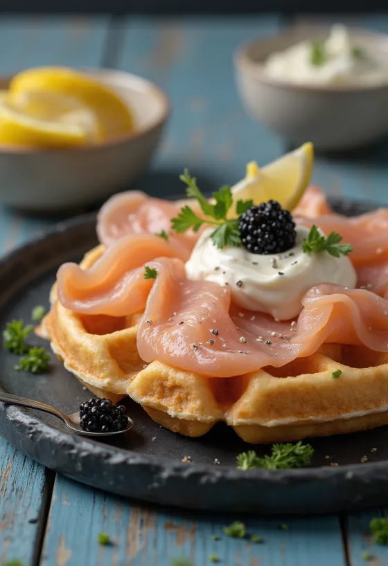 Gofre con salmón ahumado y caviar emplatado
