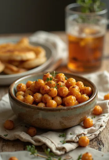 Garbanzos tostados especiados y crujientes, servidos en un bol.
