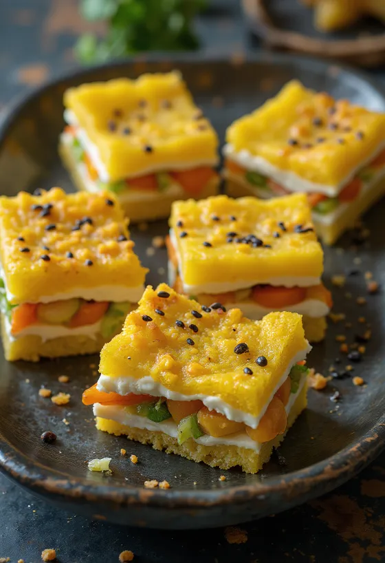 Khaman sandwich dhokla, relleno de verduras y decorado con cilantro fresco