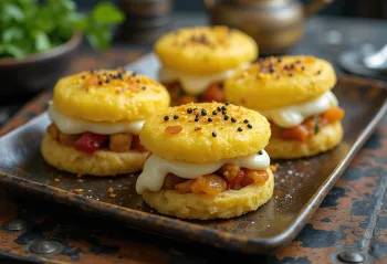 Khaman sandwich dhokla, relleno de verduras y decorado con cilantro fresco