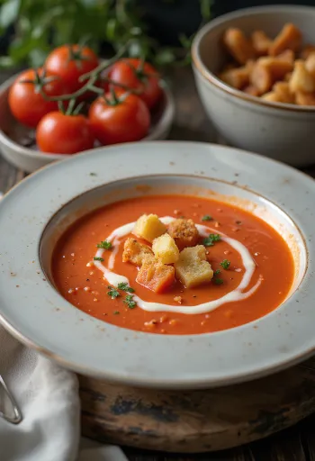 Cremosa sopa de tomate con albahaca fresca
