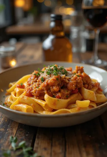 Ragú de conejo servido con pasta pappardelle y decorado con romero fresco